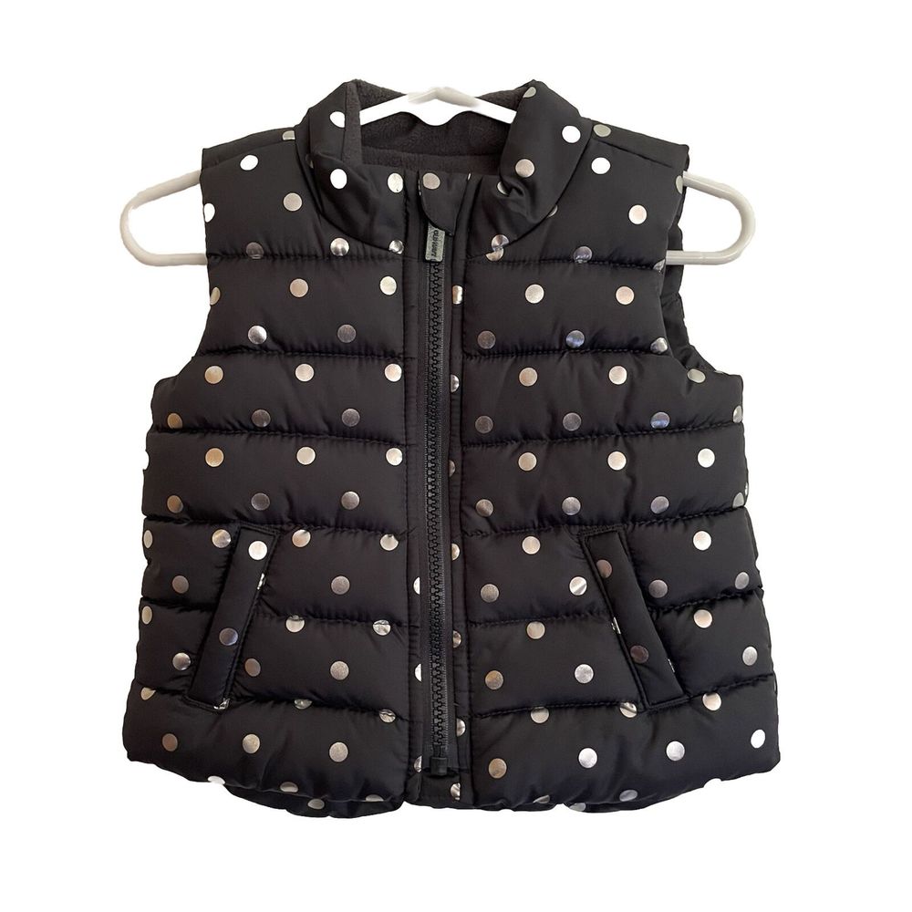 Old Navy Baby Puffer Vest Charcoal Gray with Silver Metallic Polka Dots 6-12M